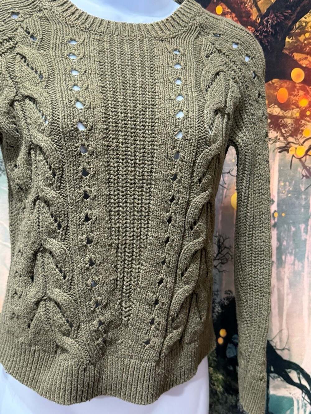 Lucky Brand Cable Knit Sweater Olive Green XS 18ptp - Picture 3 of 7